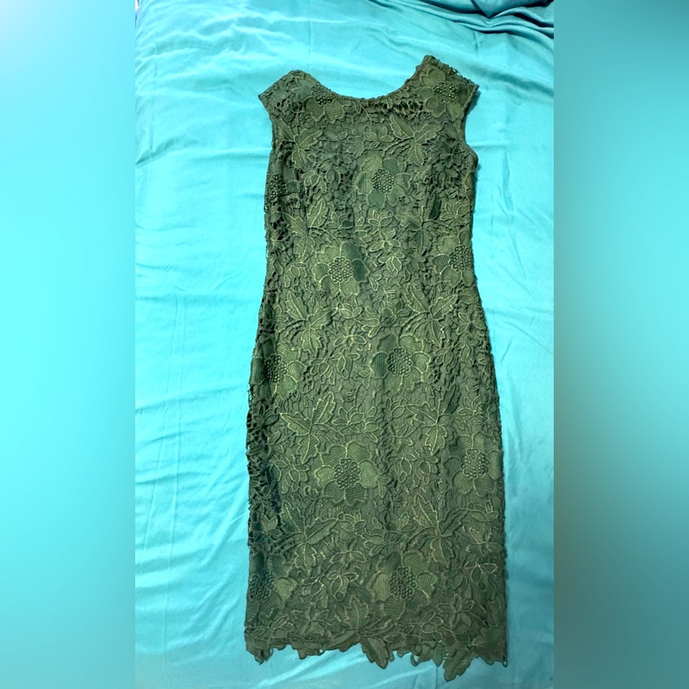 New York & Company Sleeveless Lace Overlay Dark Green Dress